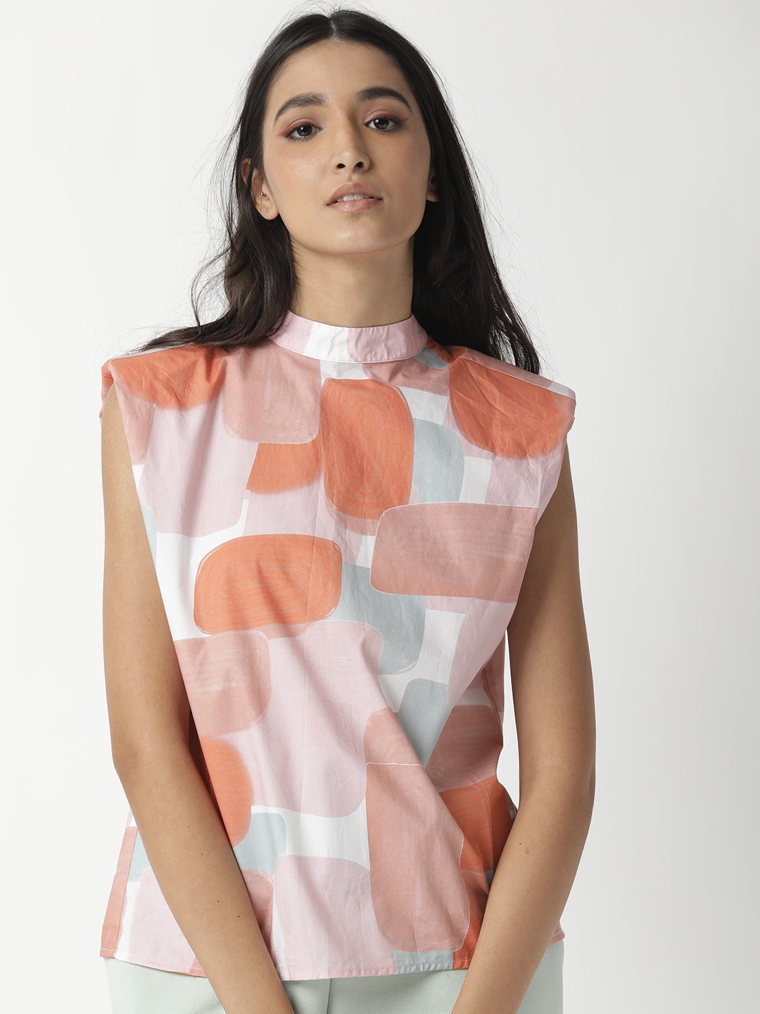 

RAREISM Peach-Coloured & White Geometric Printed Pure Cotton Top