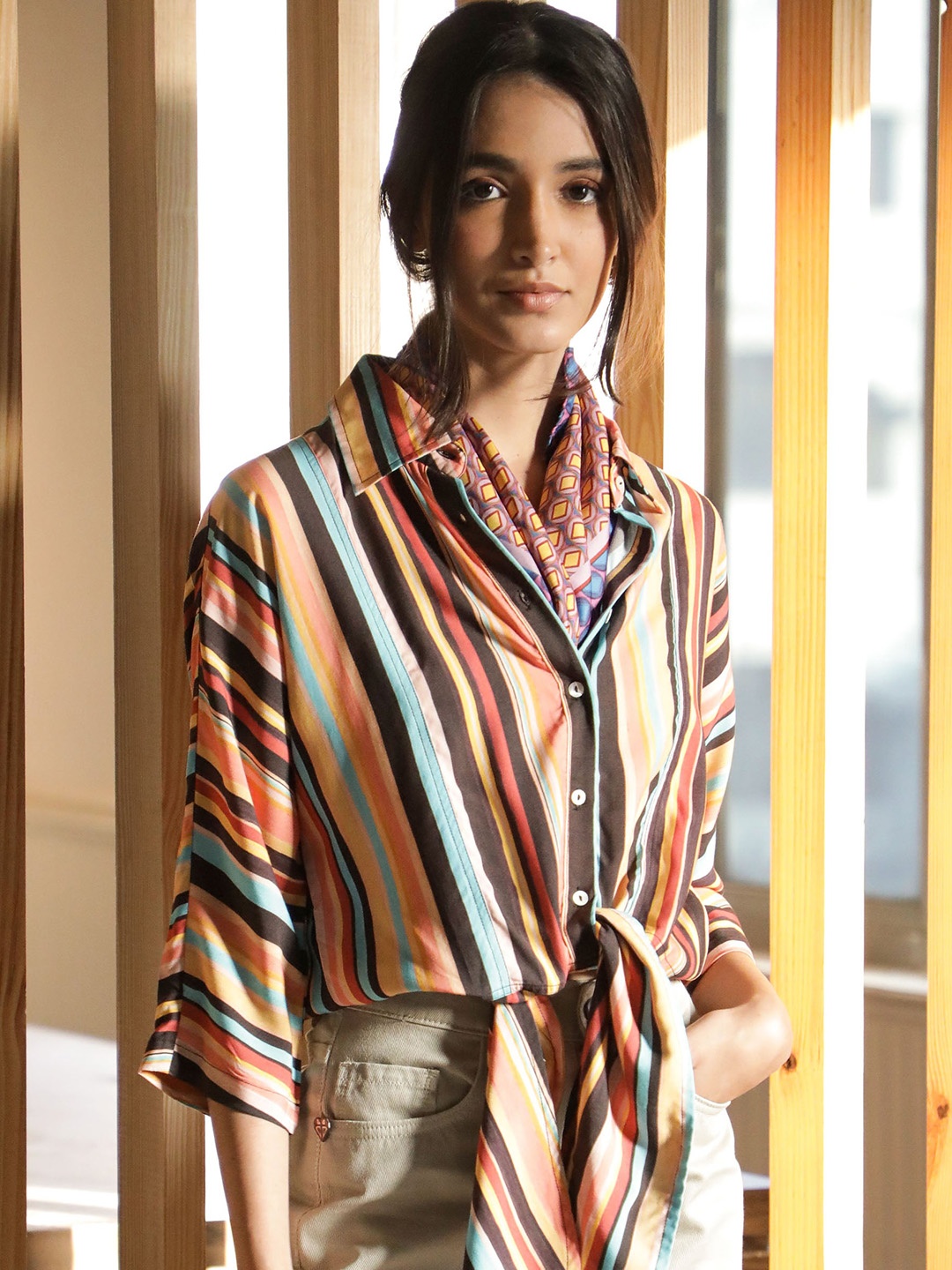 

RAREISM Multicoloured Striped Shirt Style Crop Top, Multi