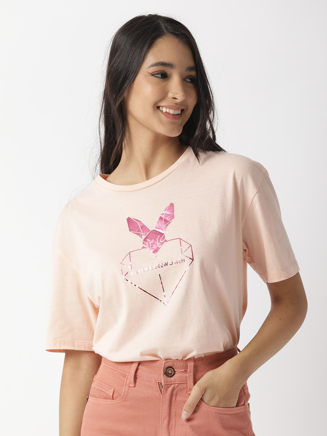 

RAREISM Women Pink Printed Pure Cotton Slim Fit T-shirt