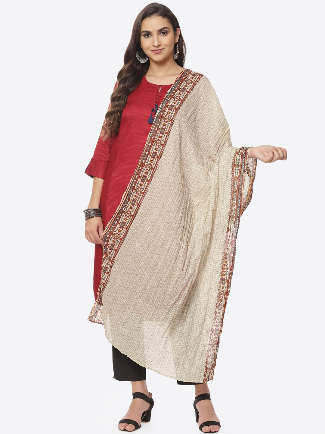 

Rangriti Cream-Coloured & Brown Printed Dupatta