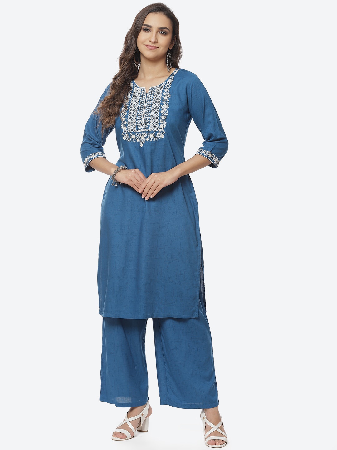 

Rangriti Women Blue Embroidered Kurta with Palazzos
