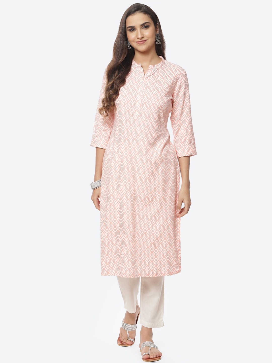 

Rangriti Women Peach-Coloured & White Ethnic Motifs Printed Kurta
