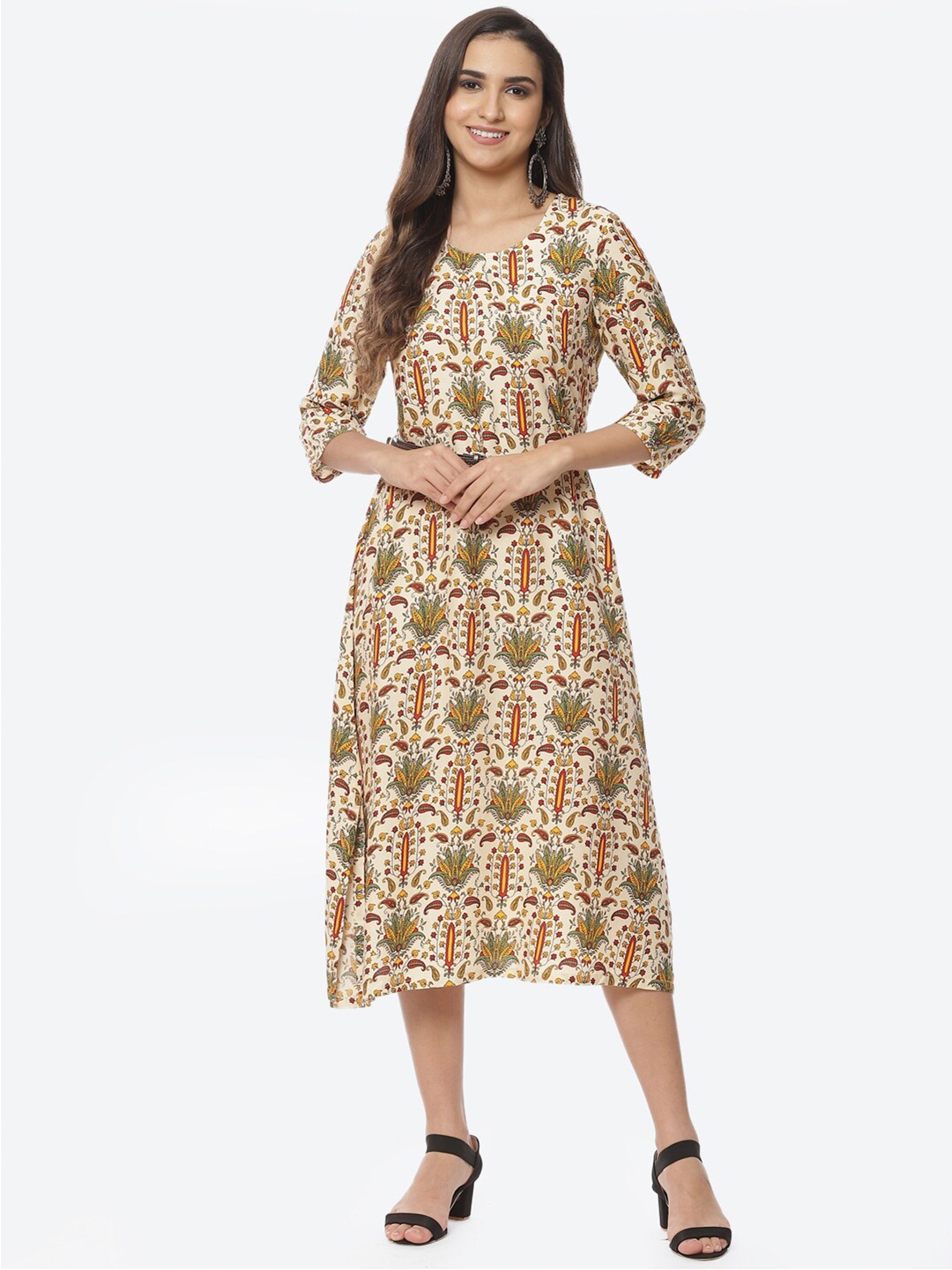 

Rangriti Cream-Coloured & Green Floral Ethnic A-Line Midi Dress