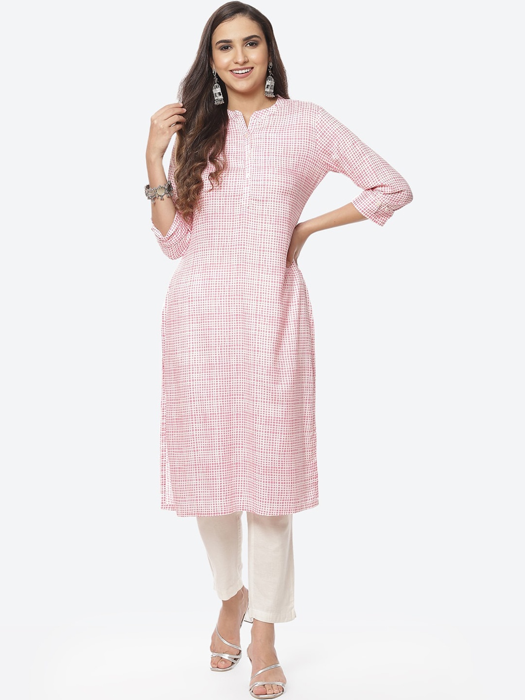 

Rangriti Women Pink Checked Straight Kurta