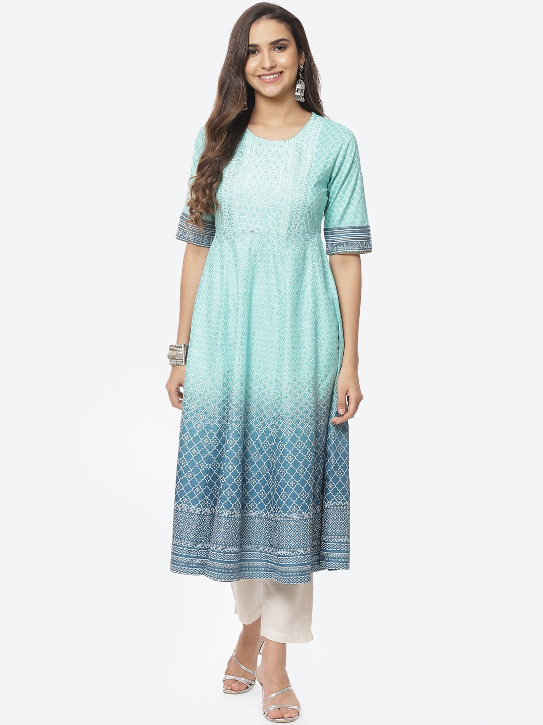 

Rangriti Women Blue Geometric Printed Anarkali Kurta