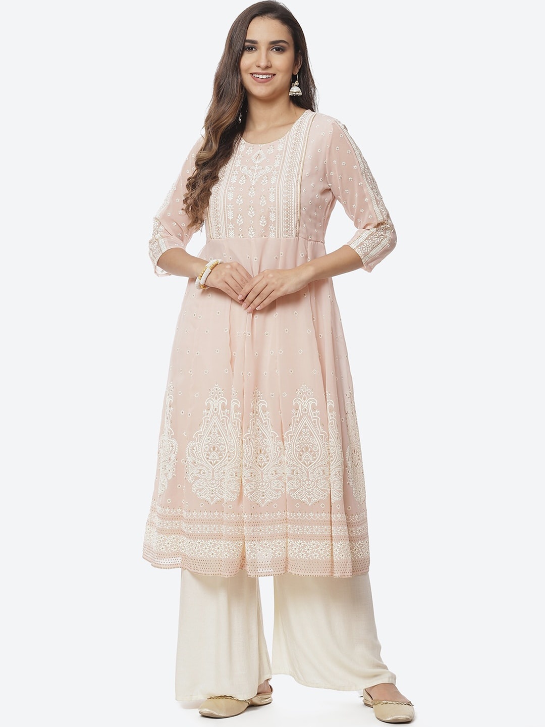 

Rangriti Women Pink & White Ethnic Motifs Printed Anarkali Kurta