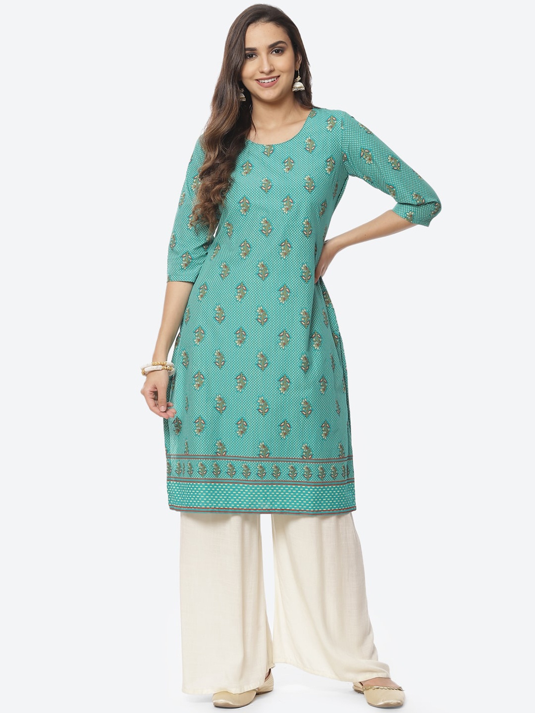 

Rangriti Women Teal Blue & Beige Floral Printed Pure Cotton Kurta