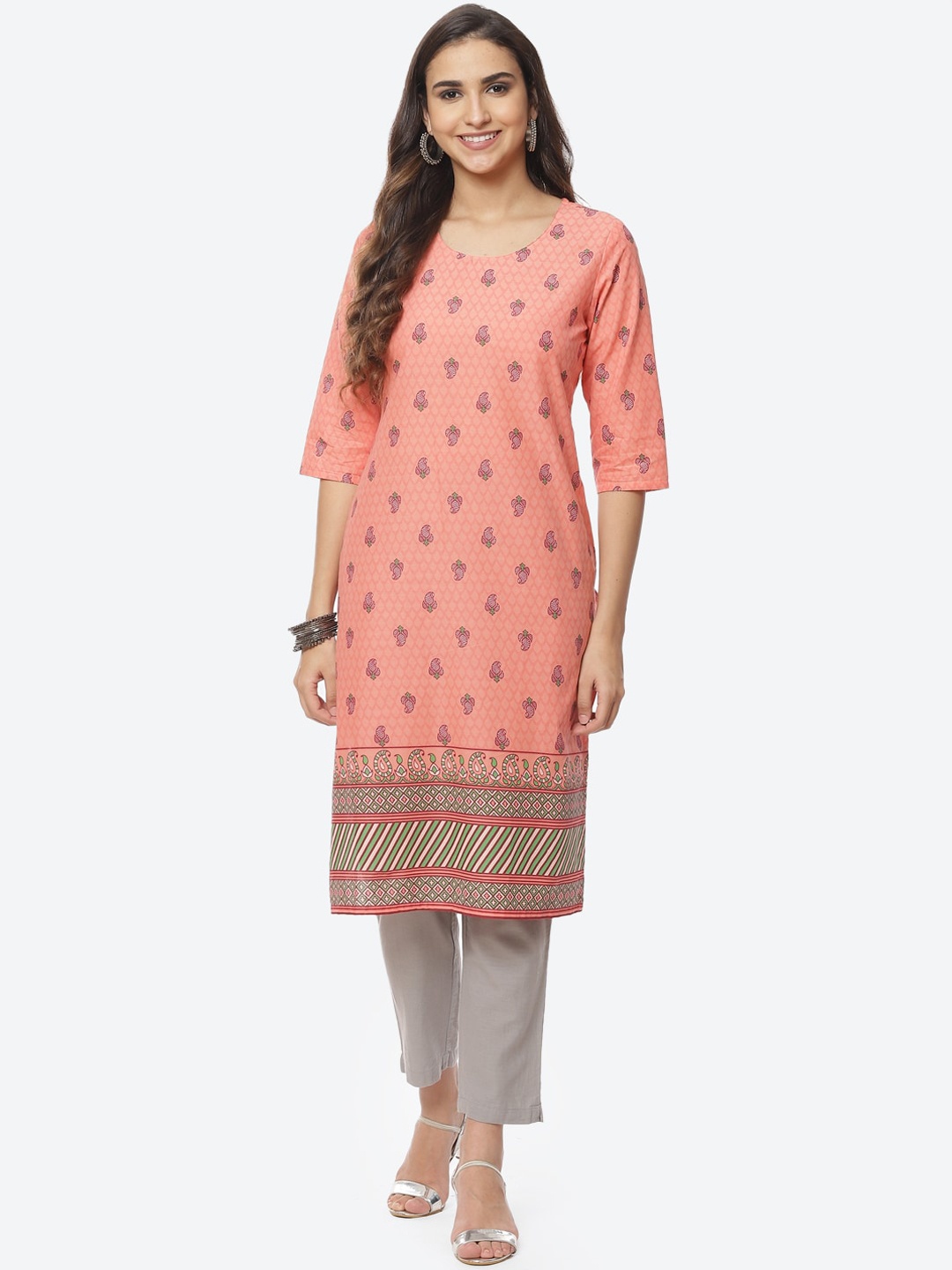

Rangriti Women Coral & Pink Ethnic Motifs Printed Kurta