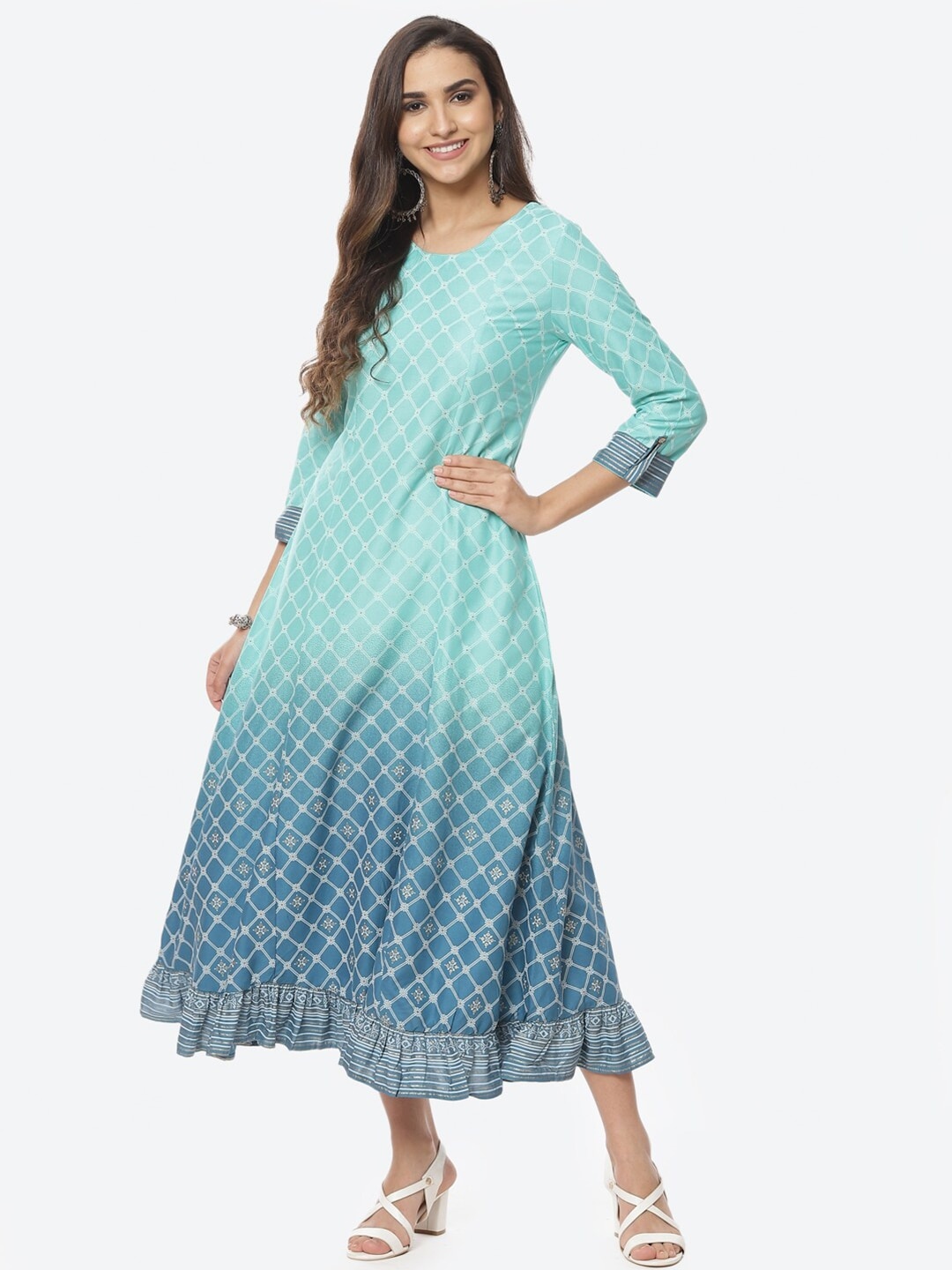 

Rangriti Blue & Off White Checked Ethnic A-Line Midi Dress