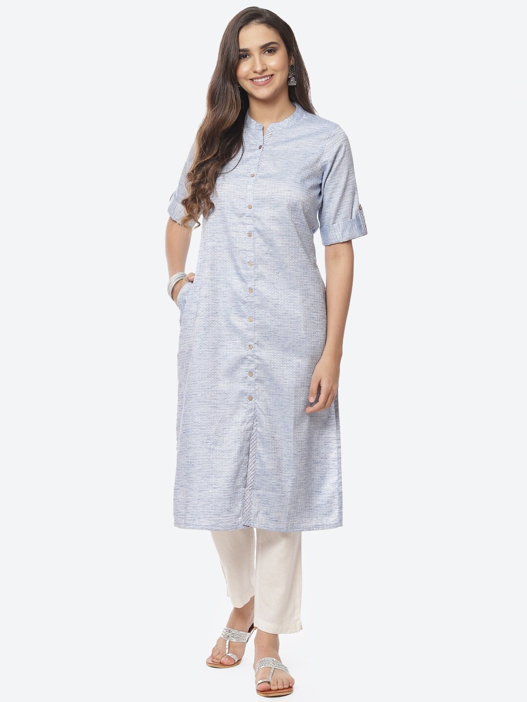 

Rangriti Women Blue Woven Design A-Line Kurta