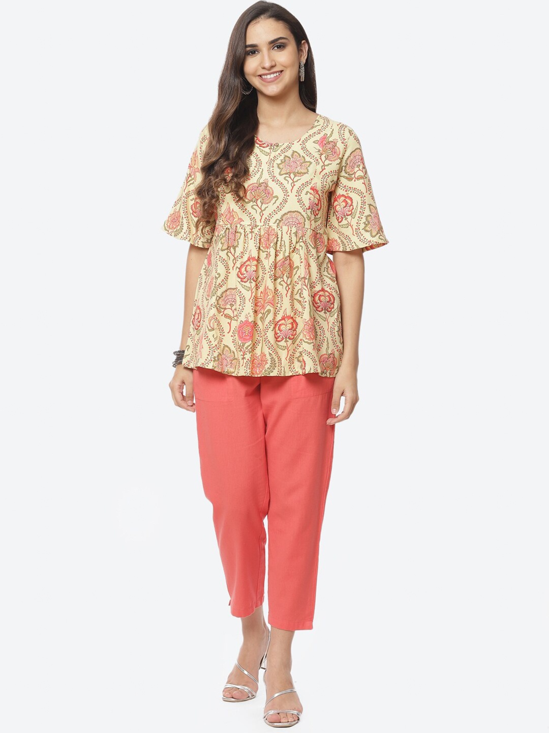 

Rangriti Green & Beige Floral Print Top