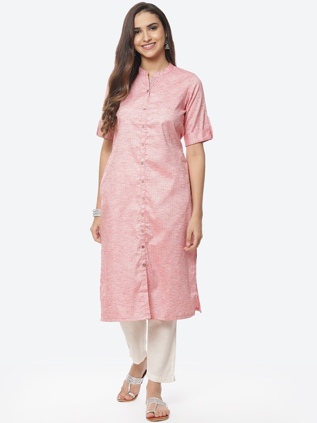 

Rangriti Women Peach-Coloured Self Design Straight Kurta