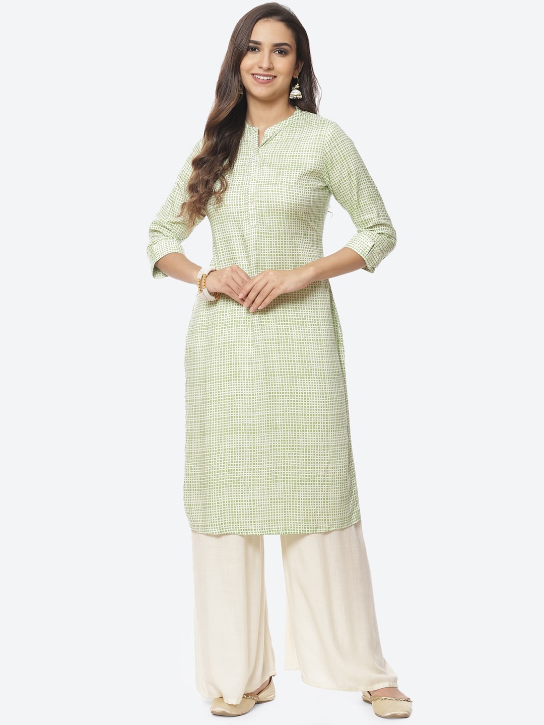 

Rangriti Women Green & Off White Checked Kurta