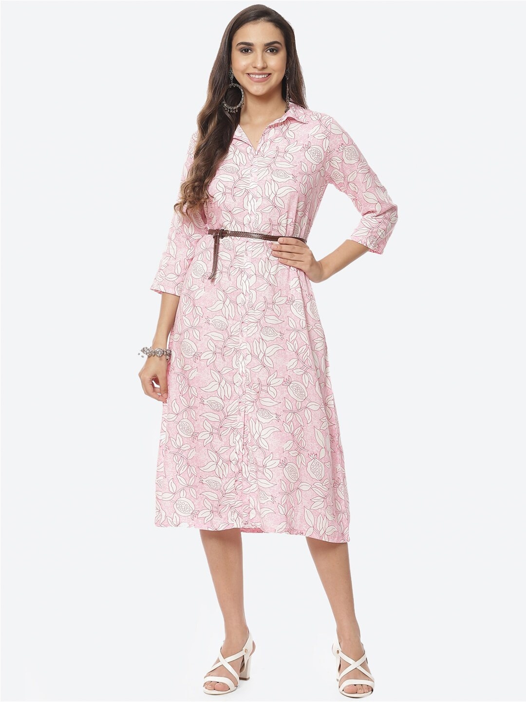 

Rangriti Pink Floral Printed Shirt Midi Dress