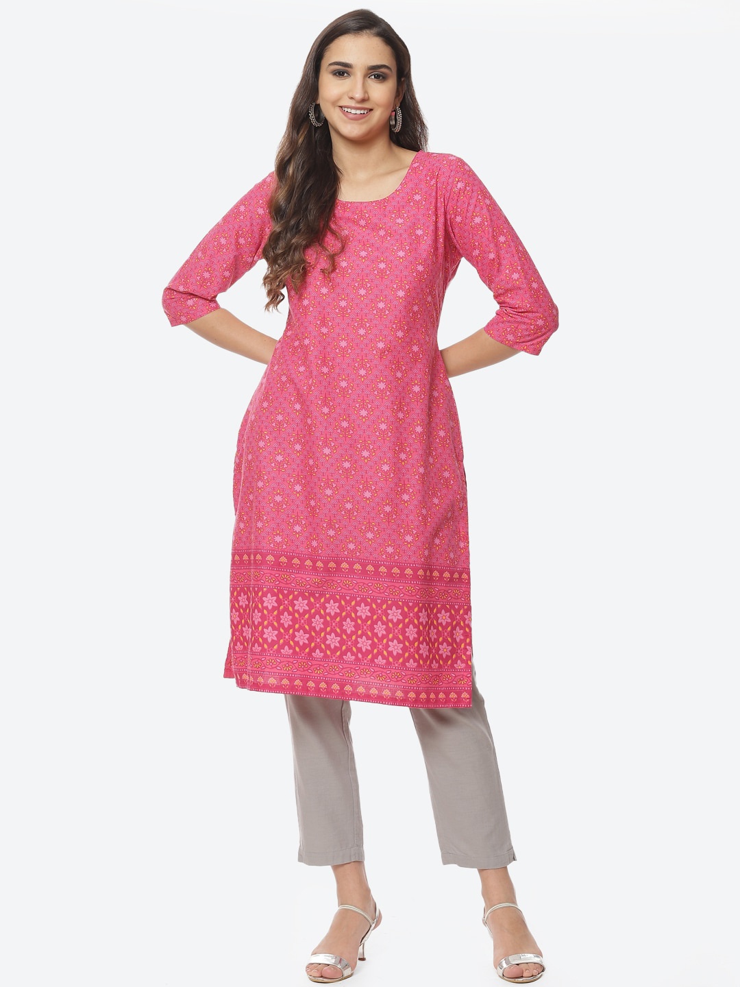 

Rangriti Women Fuchsia & Yellow Floral Printed Pure Cotton Kurta