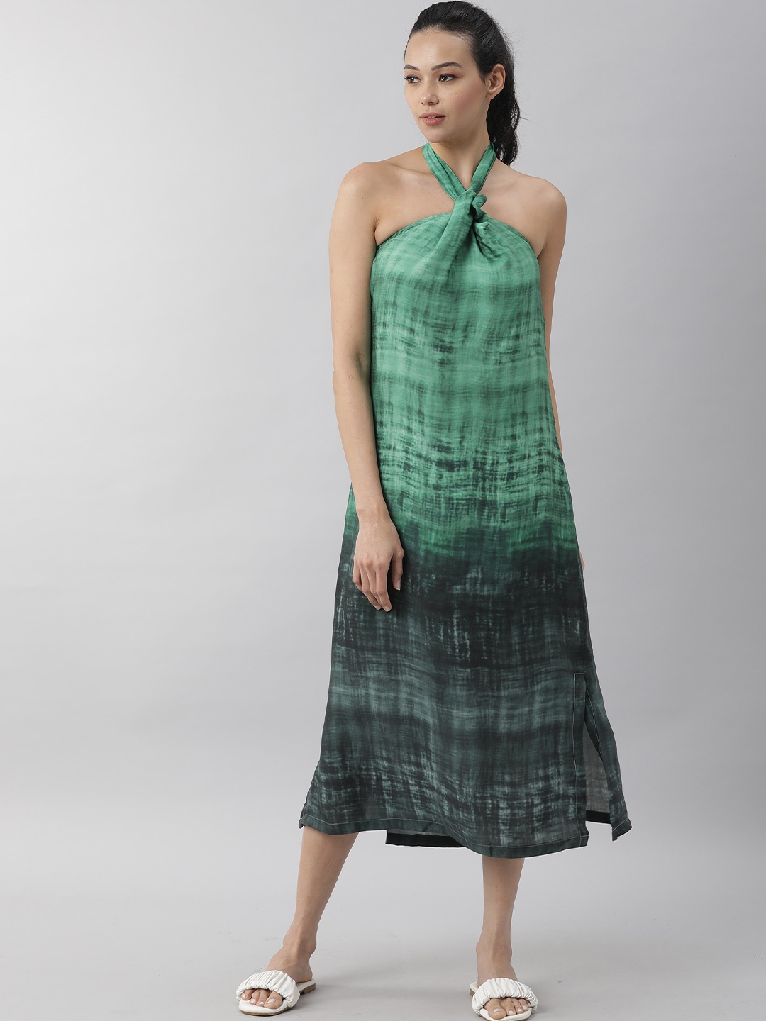 

RAREISM Green & Black Tie and Dye Dyed Halter Neck A-Line Midi Dress
