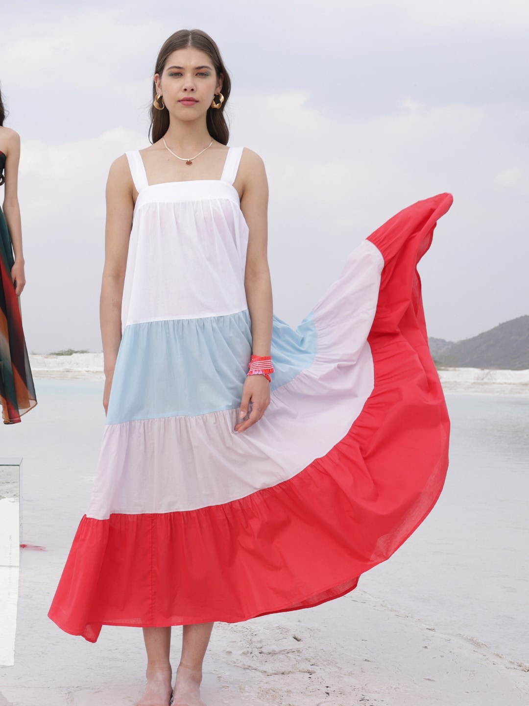 

RAREISM White & Pink Colourblocked Flared Maxi Dress