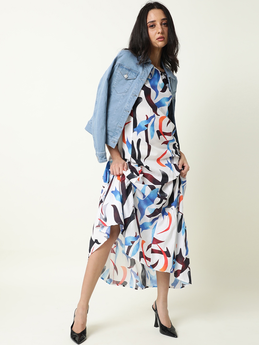 

RAREISM White & Blue A-Line Midi Dress