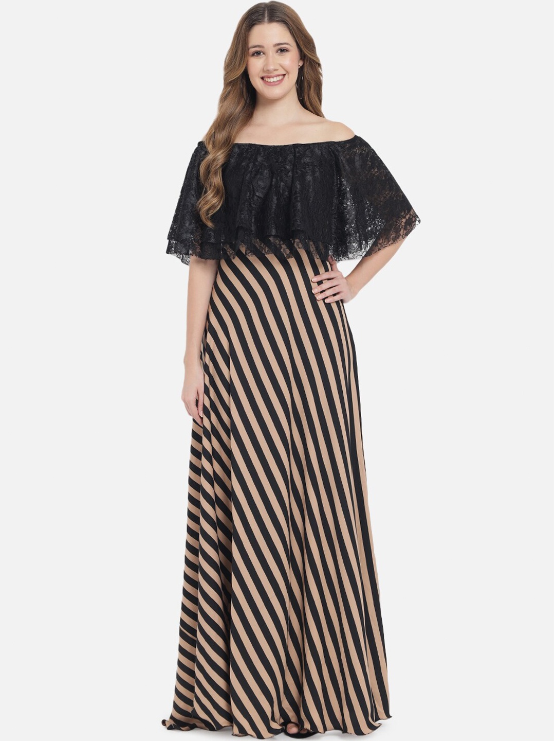 

Just Wow Black & Beige Striped Off-Shoulder Crepe Maxi Dress
