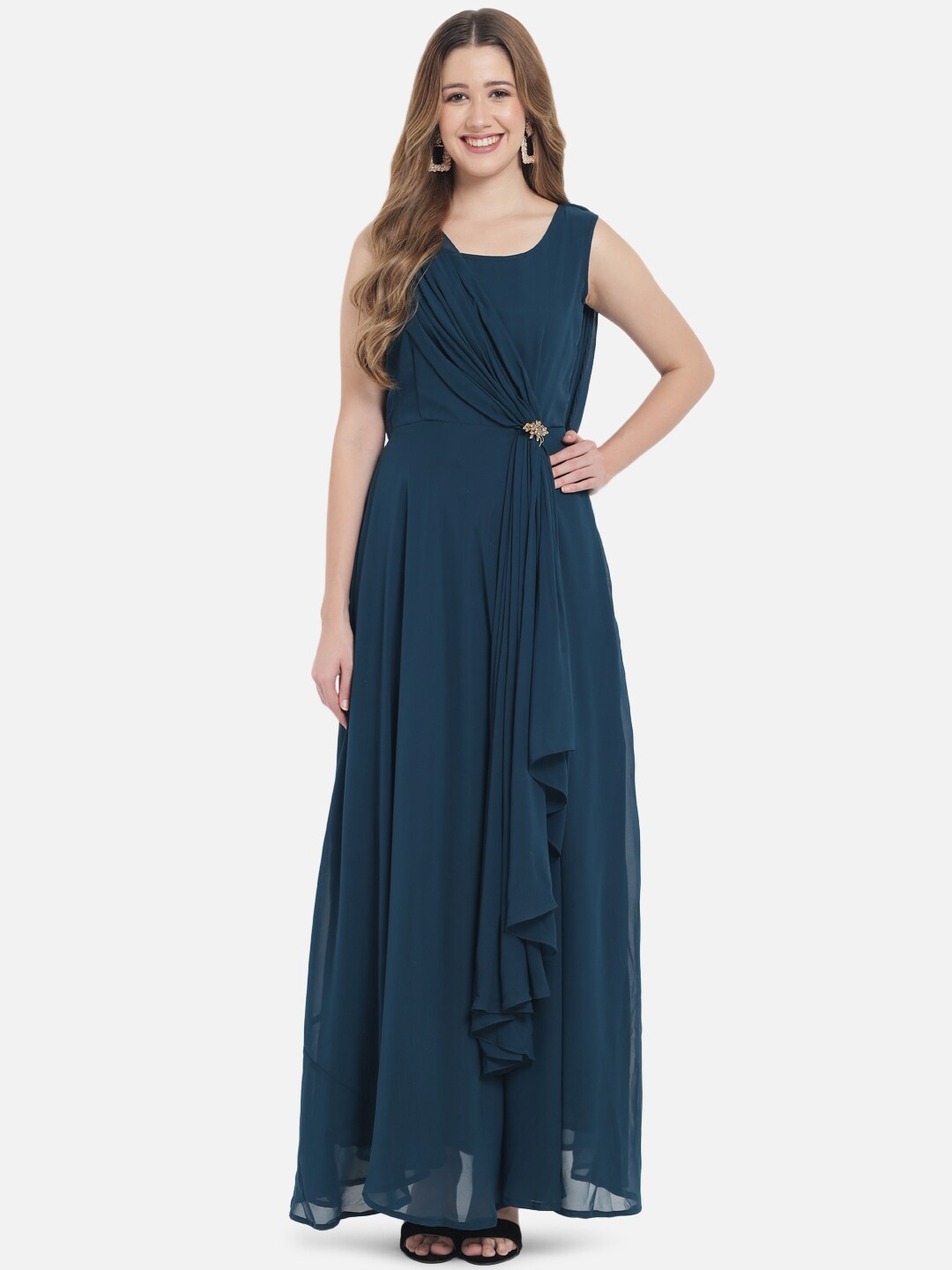 

Just Wow Teal Georgette Solid Maxi Dress