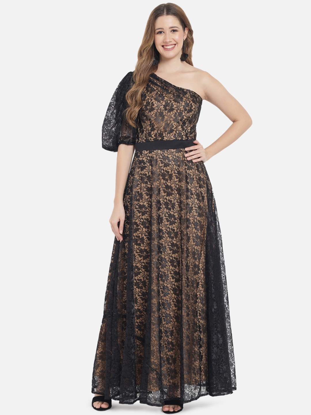 

Just Wow Black & Cream-Coloured One Shoulder Lace Fit & Flare Maxi Dress