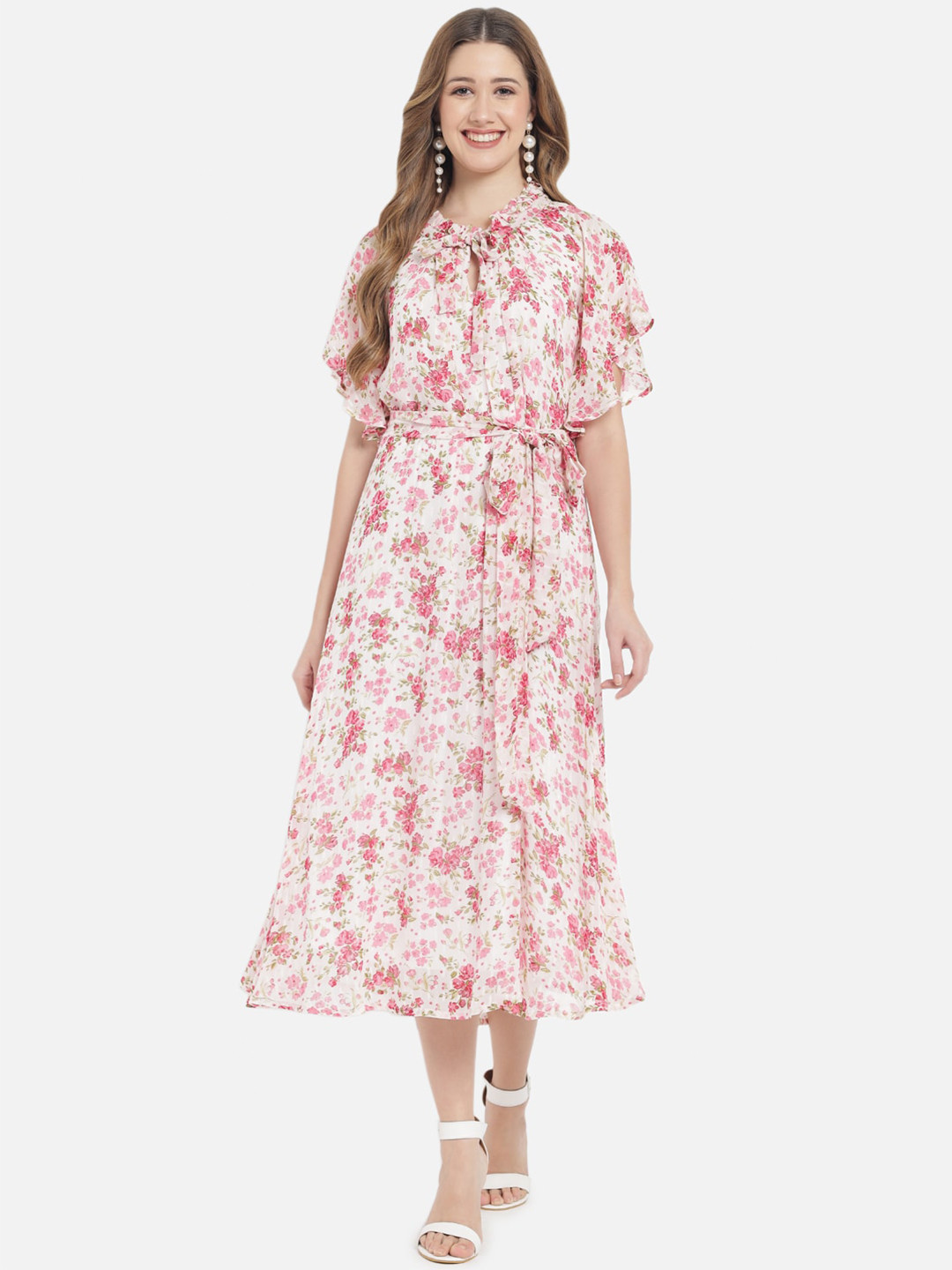 

Just Wow White & Pink Floral Georgette A-Line Midi Dress