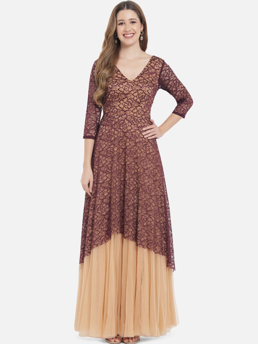 

Just Wow Maroon & Cream-Coloured Floral Lace Maxi Dress