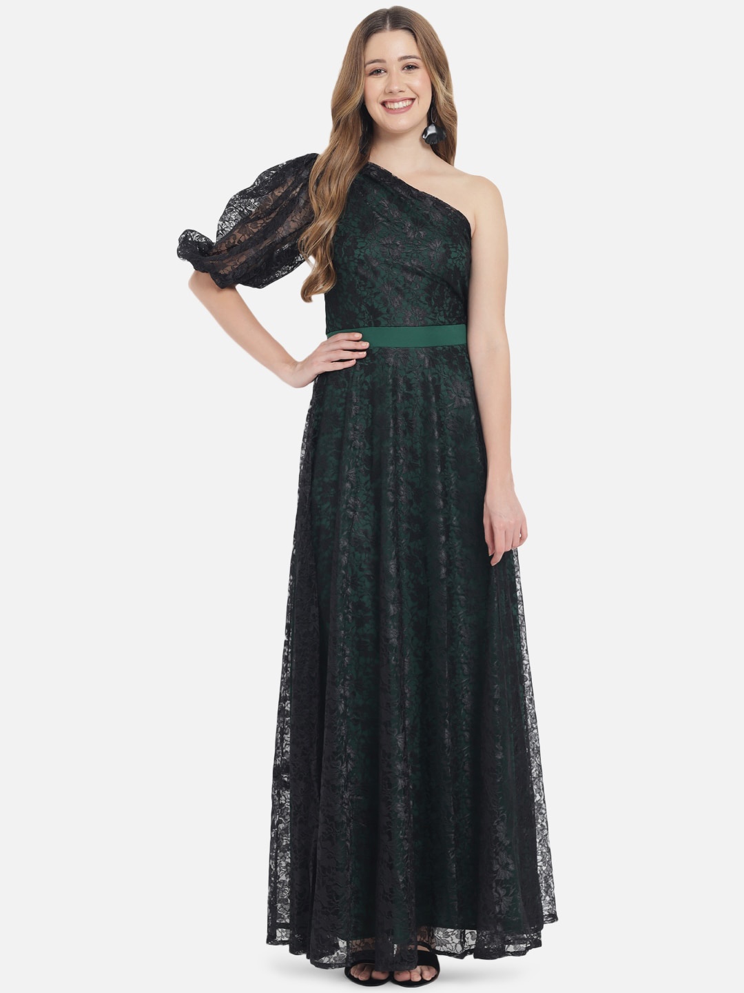 

Just Wow Black & Green One Shoulder Lace Maxi Dress