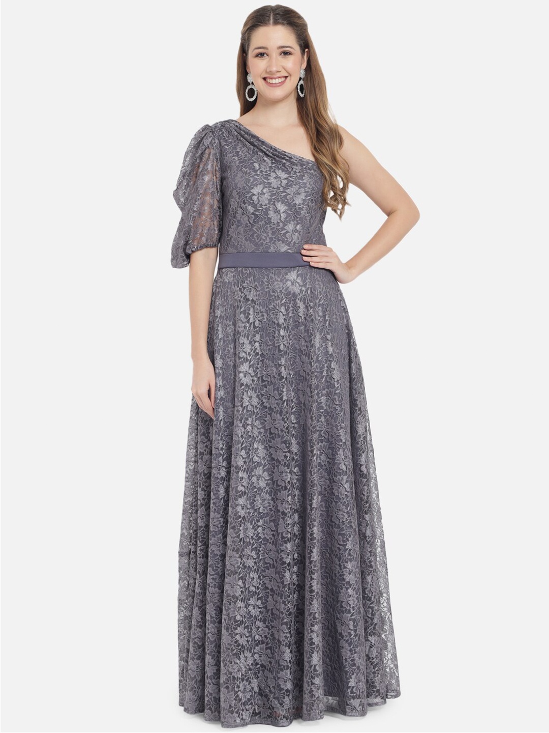 

Just Wow Grey Embellished One Shoulder Lace Maxi Dress