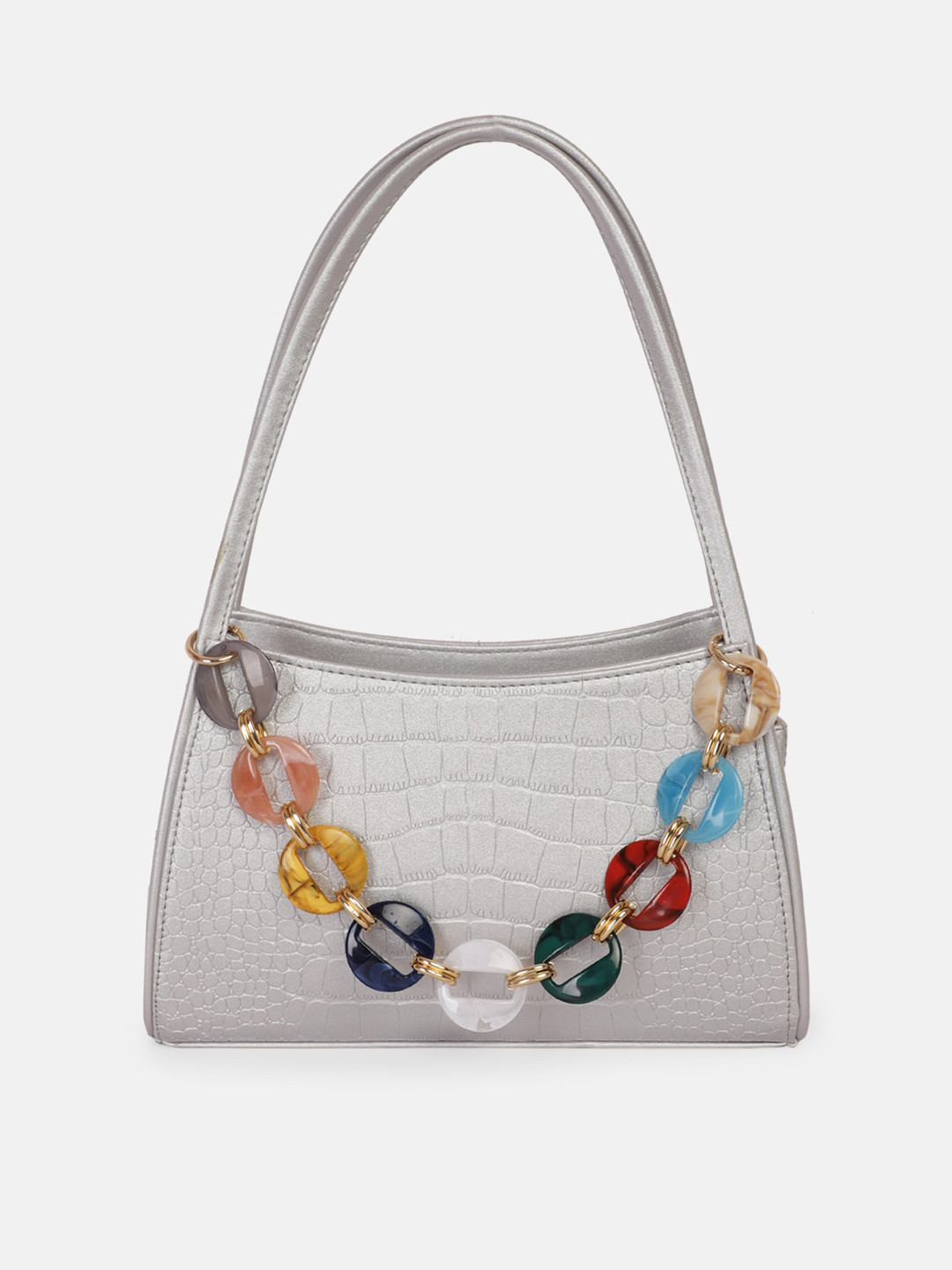 

Bagsy Malone Silver-Toned Textured PU Structured Shoulder Bag