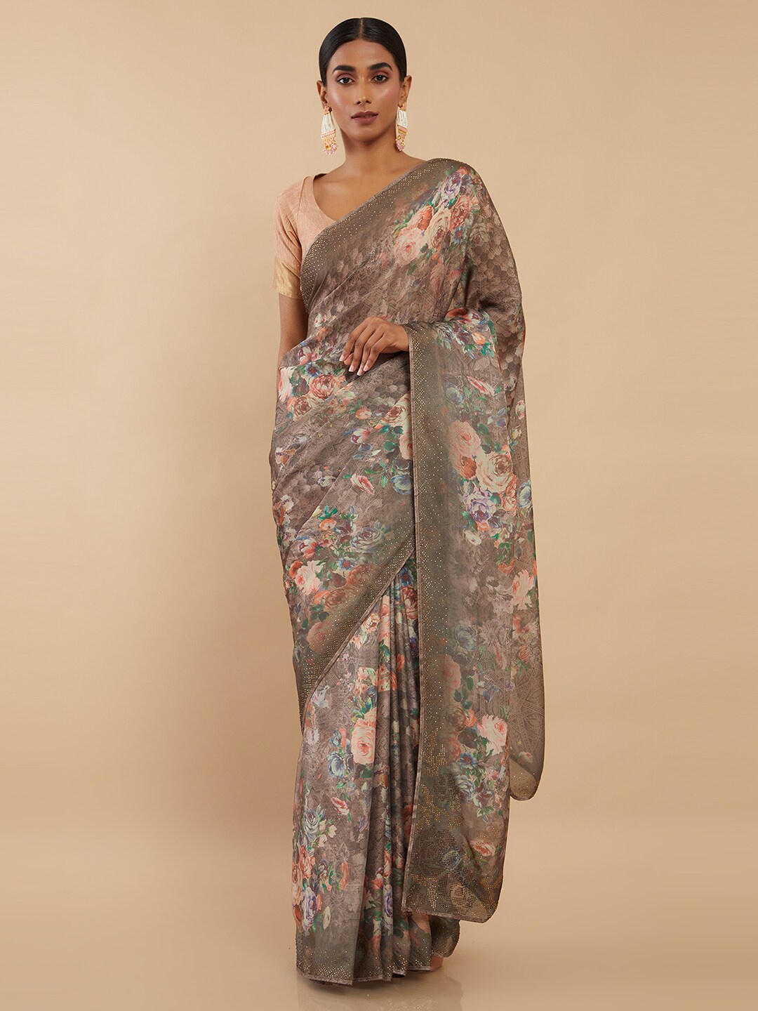 

Soch Brown & Pink Floral Printed Satin Saree