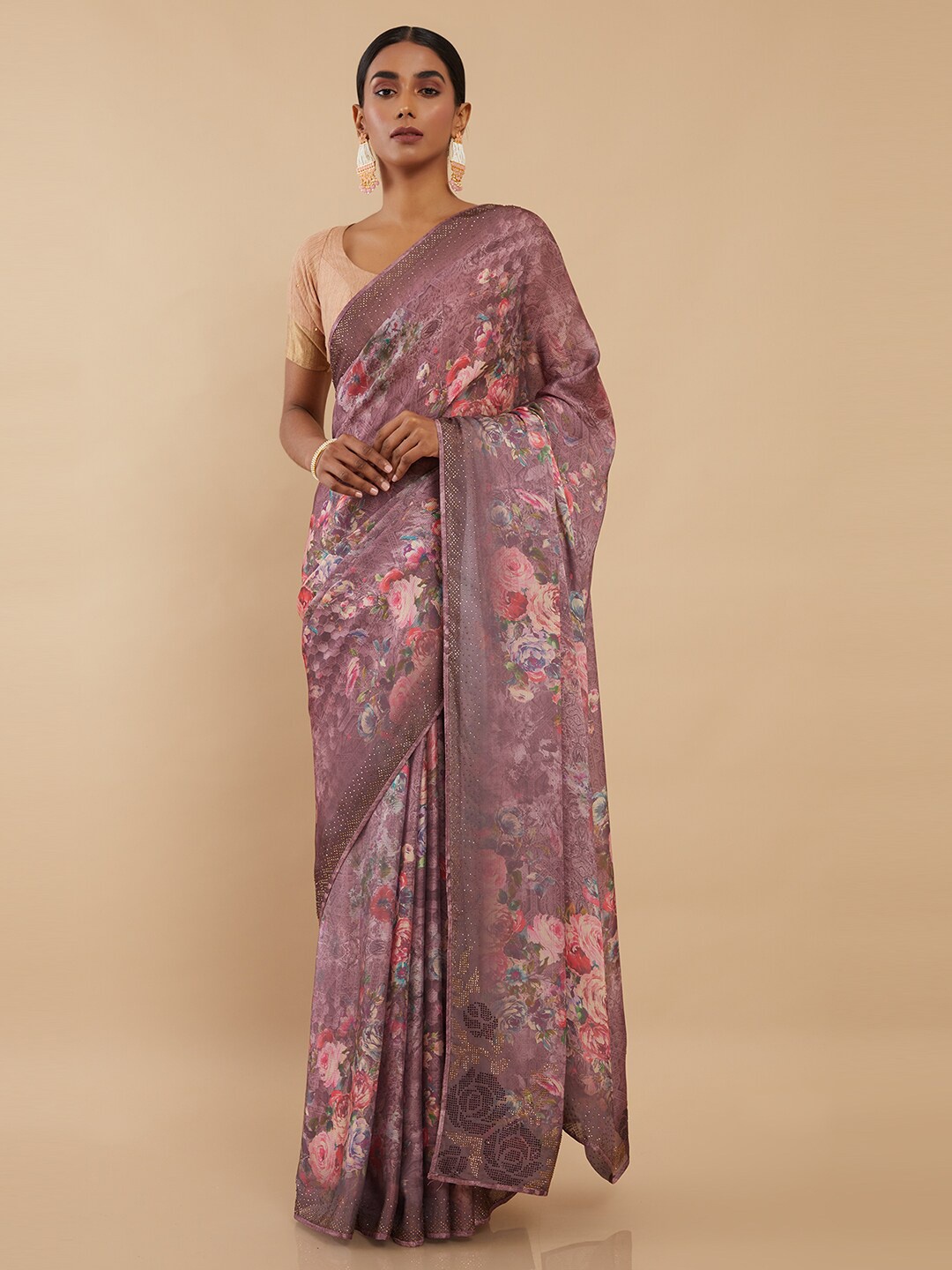 

Soch Mauve & Red Floral Printed Beads and Stones Satin Saree
