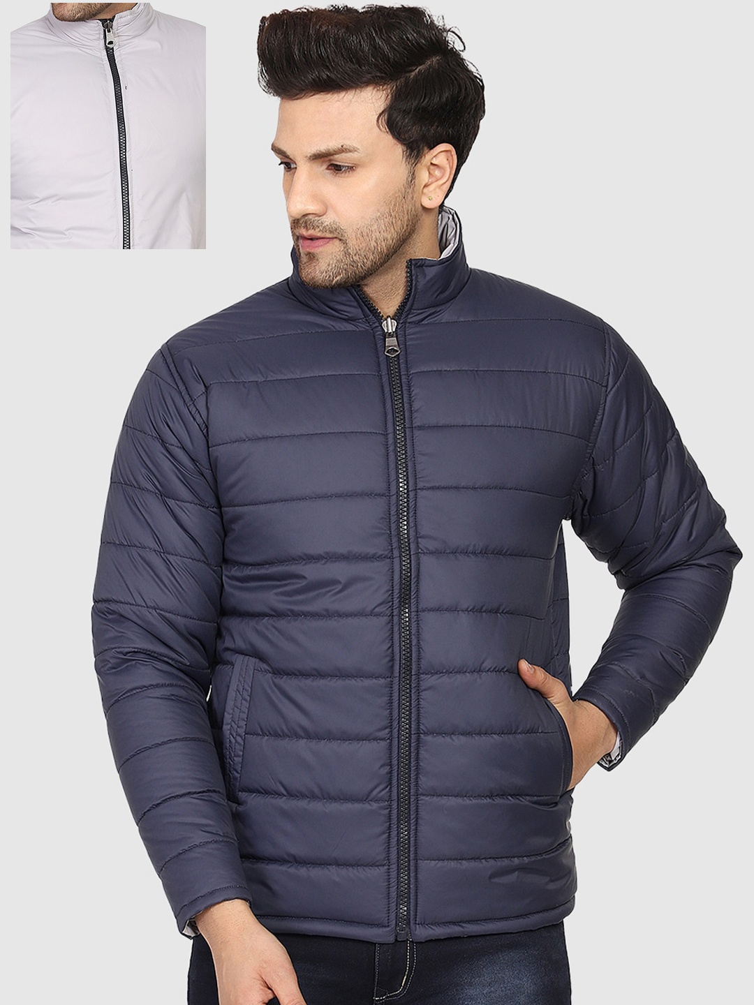 

CL SPORT Men Blue Colourblocked Reversible Longline Puffer Jacket