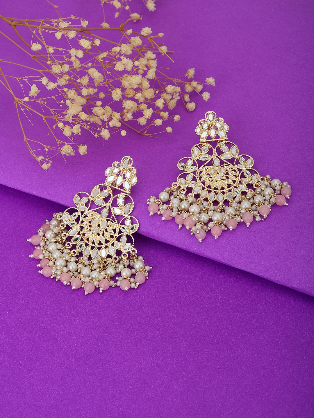 

KOLHA-BY CARLTON Gold-Toned & Pink Stone Studded & Beaded Classic Drop Earrings