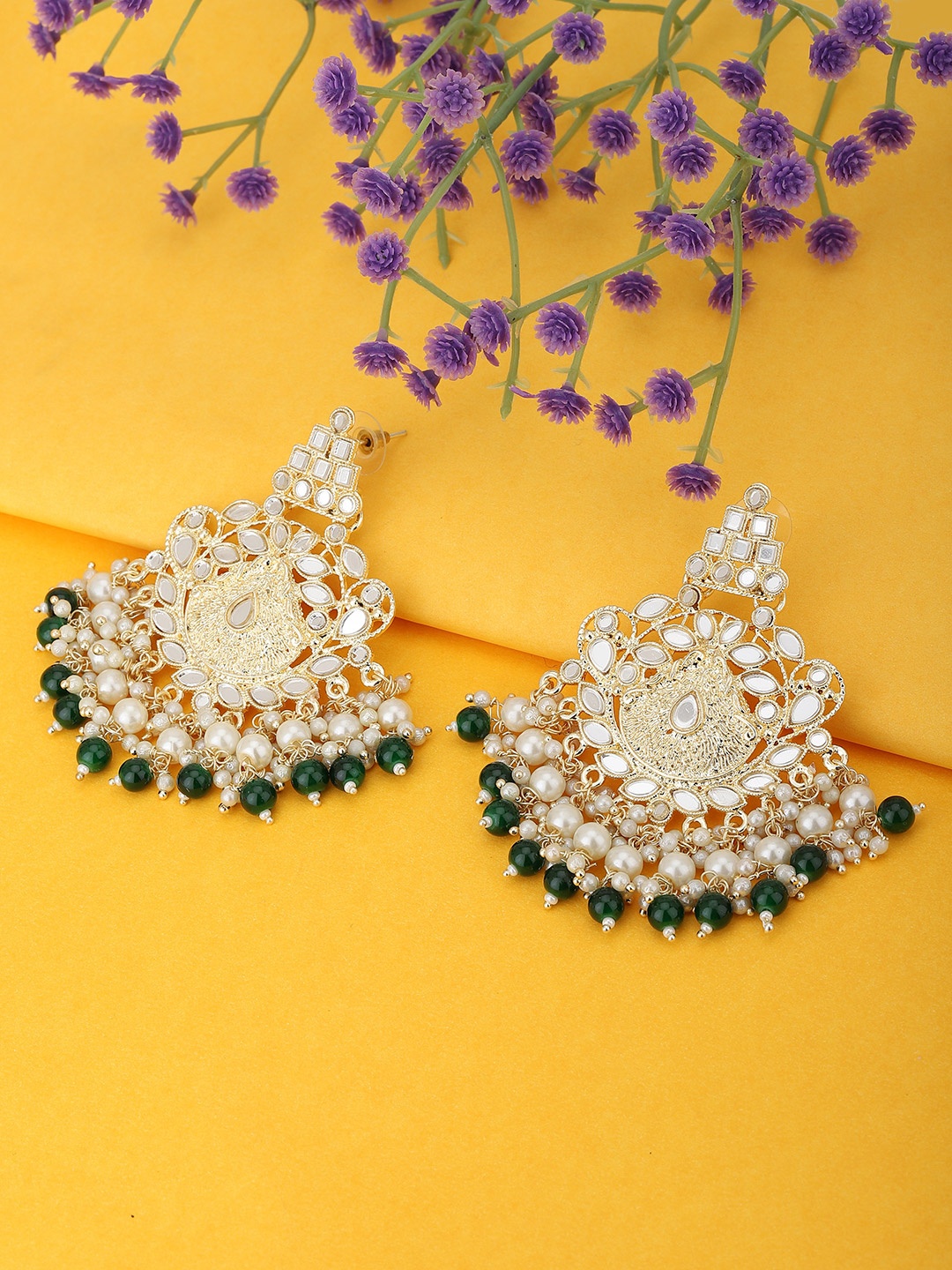 

KOLHA-BY CARLTON Green & Gold-Toned Contemporary Jhumkas Earrings