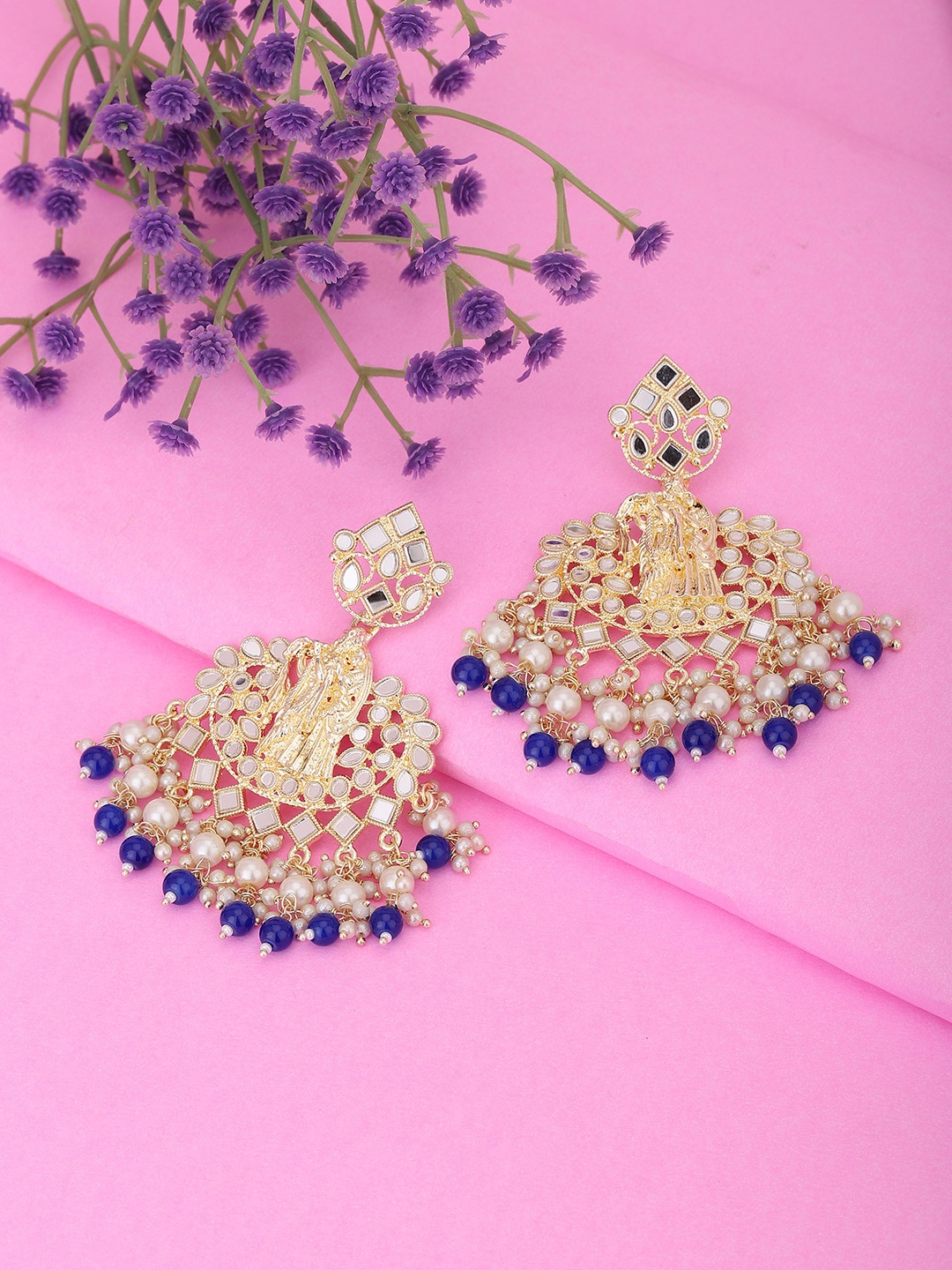 

KOLHA-BY CARLTON Gold-Toned & Blue Stone Studded & Beaded Classic Drop Earrings