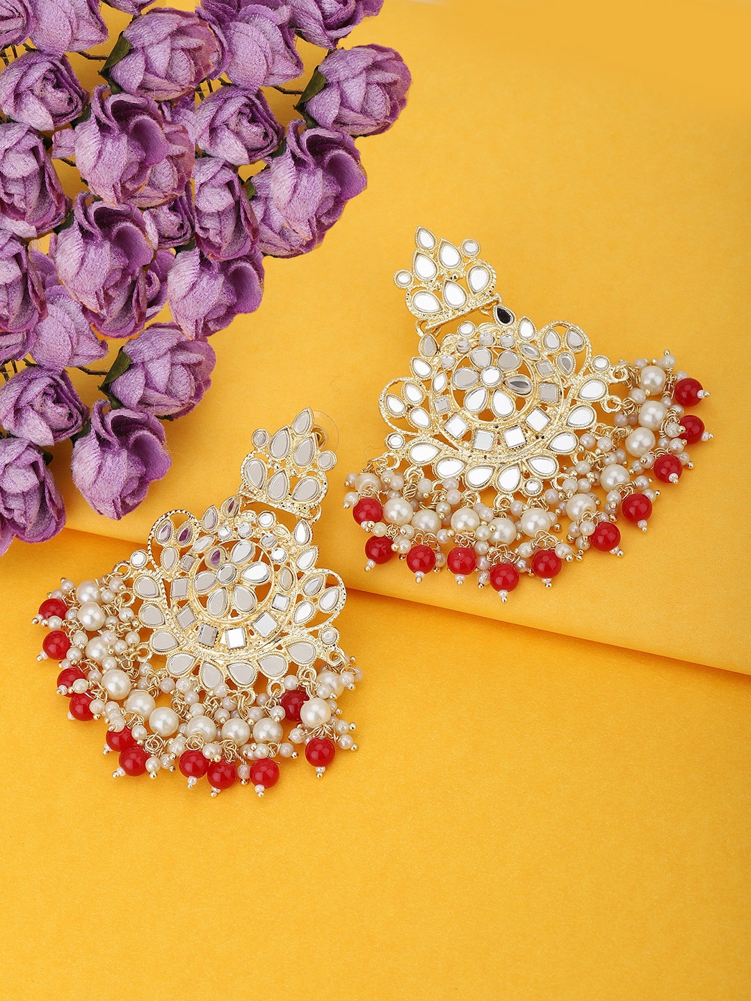 

KOLHA-BY CARLTON Gold-Toned & Red Stone Studded & Beaded Classic Drop Earrings