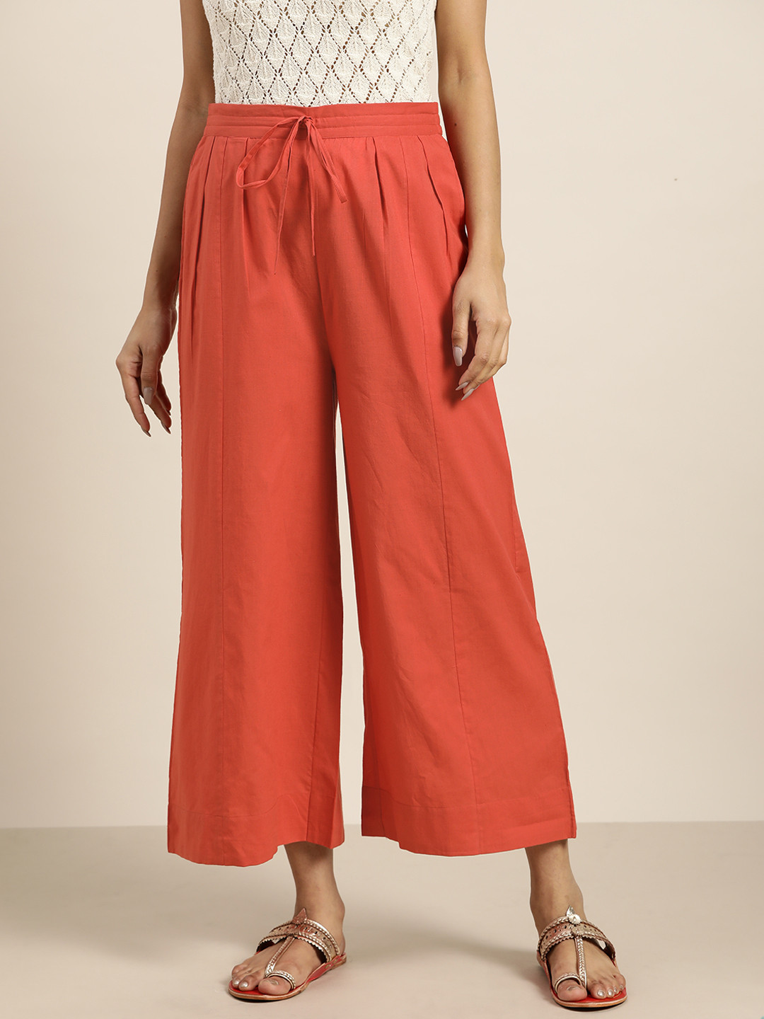 

Sangria Women Rust Orange Solid Pure Cotton Wide Leg Palazzos