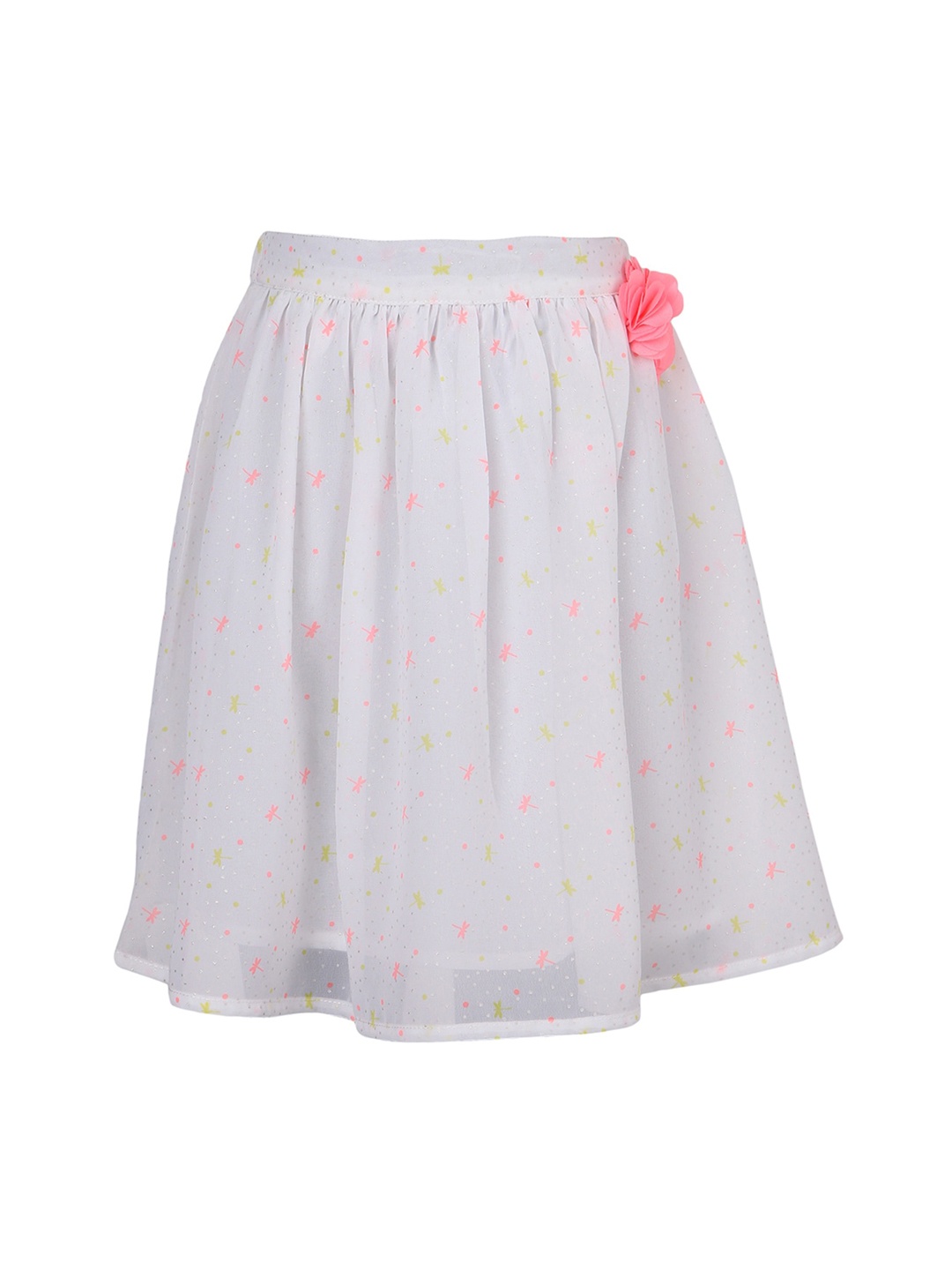 

Miyo Girls White & Pink Printed Flared Knee Length Skirt