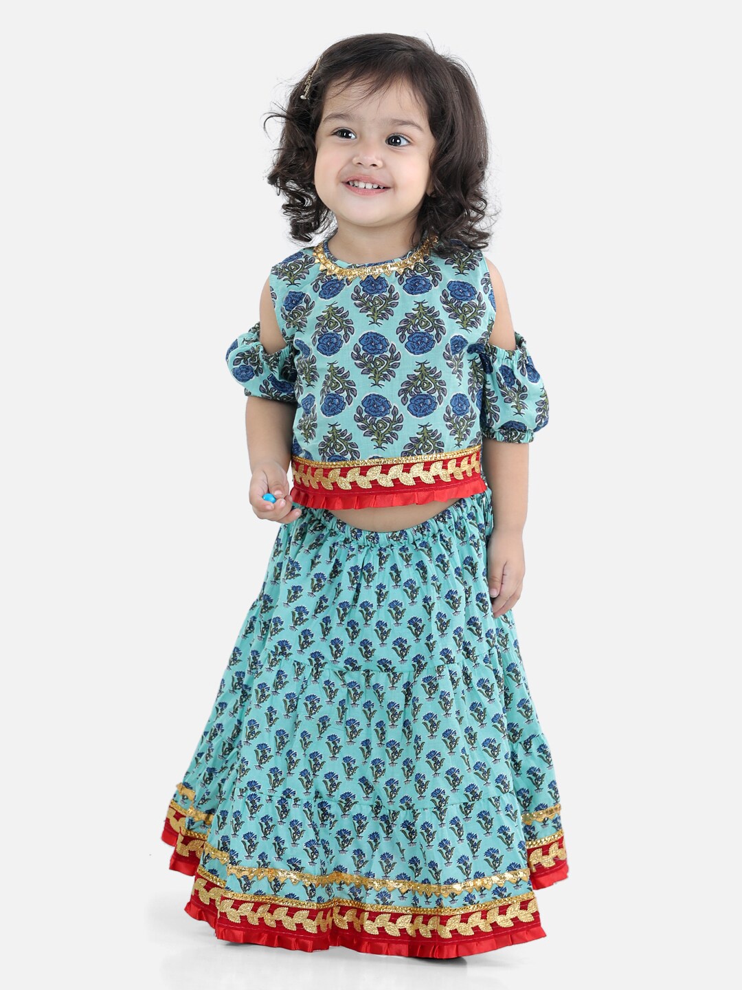 

BownBee Girls Blue & Green Printed Block Print Ready to Wear Lehenga & Choli