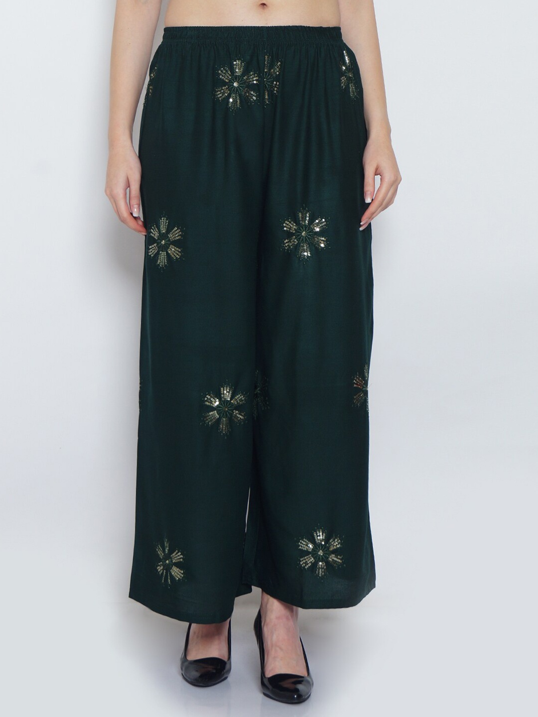 

Jinfo Ethnic Motifs Embroidered Wide Leg Palazzos, Green