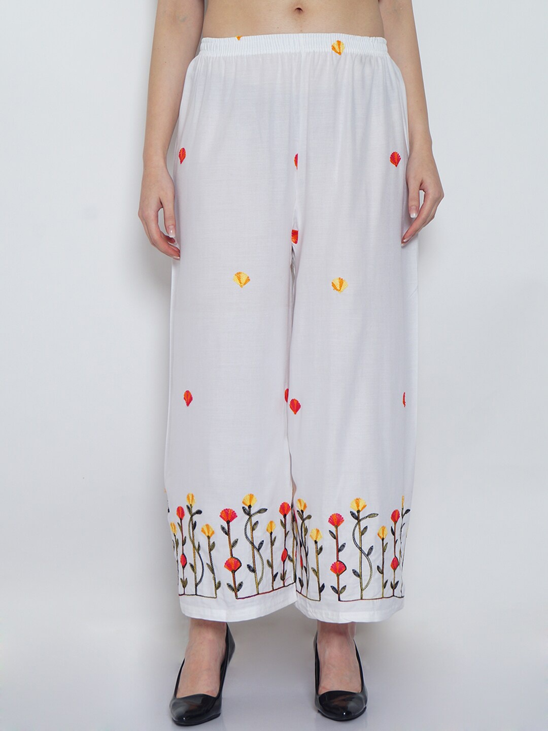 

Jinfo Women White & Red Floral Embroidered Flared Palazzos