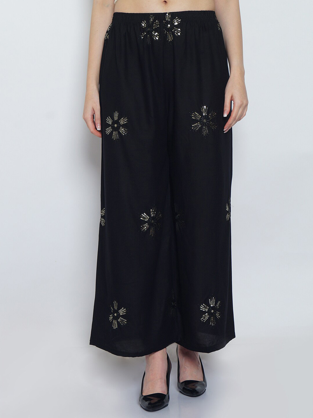 

Jinfo Women Black Floral Embellished Palazzos