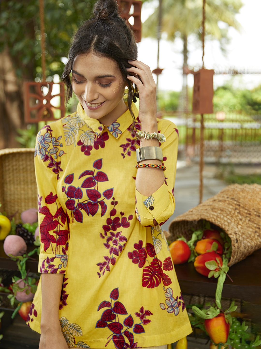 

Sangria Women Yellow & Red Floral Print Pure Cotton Shirt Style A-Line Top