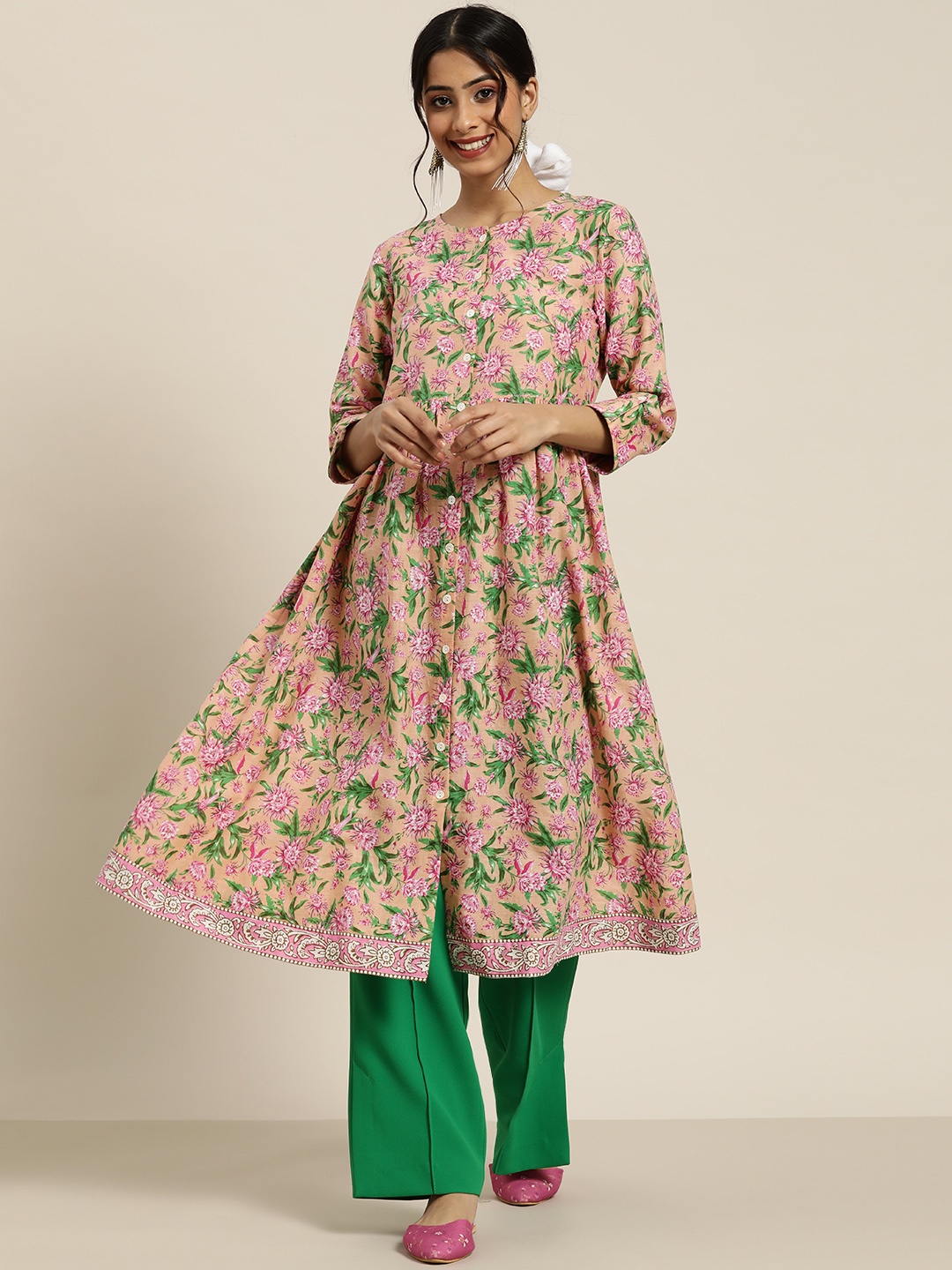 

Sangria Women Peach & Green Floral Printed Pure Cotton Kurta