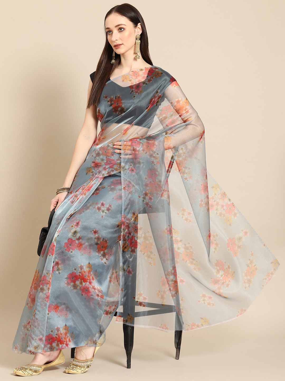 

Anouk Blue & Pink Floral Organza Saree
