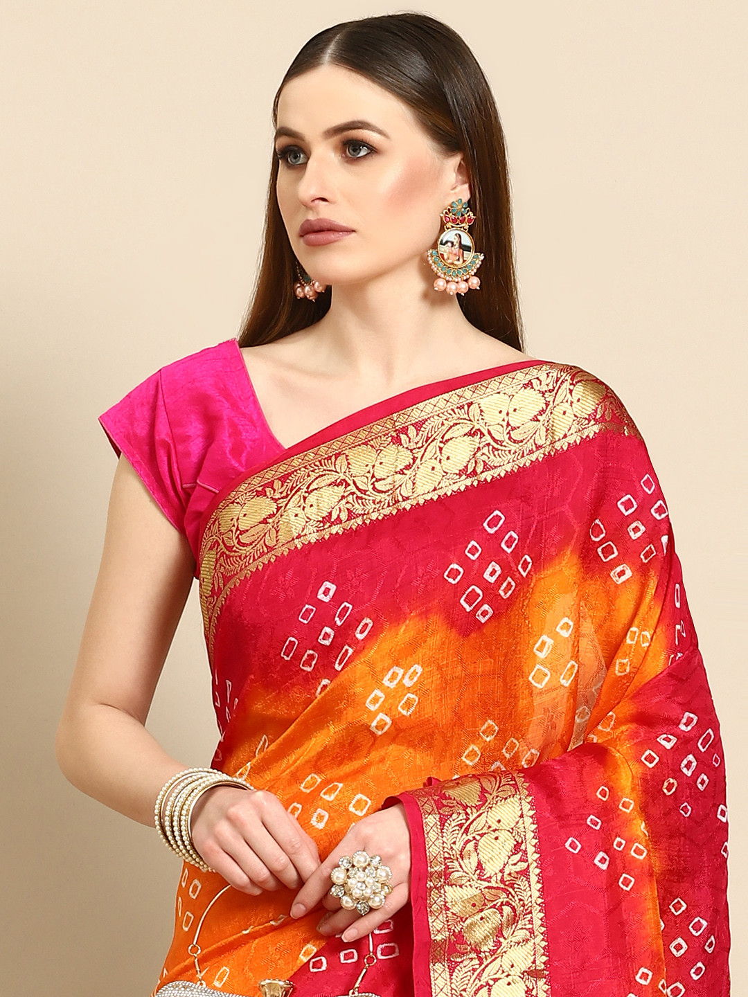

Anouk Orange Bandhani Zari Art Silk Bandhani Saree