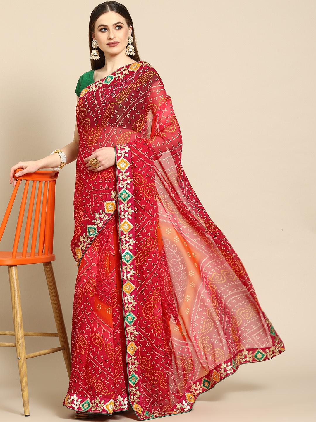 

Anouk Pink Bandhani Gotta Patti Bandhani Saree