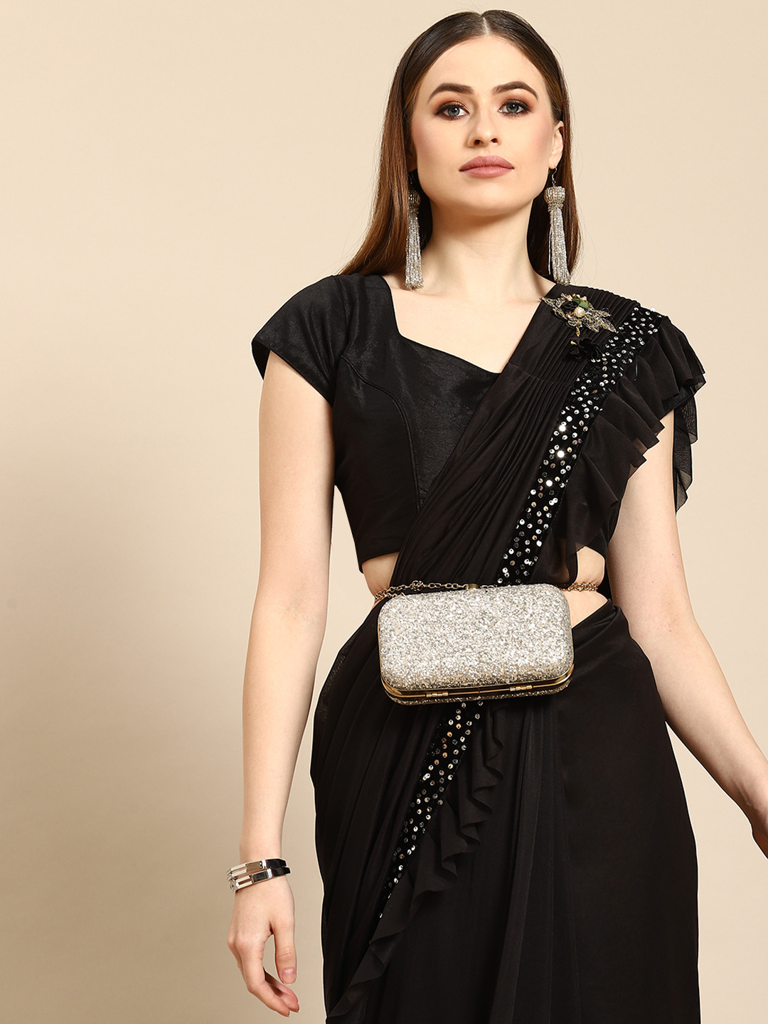 

Anouk Black Solid Ruffled Saree