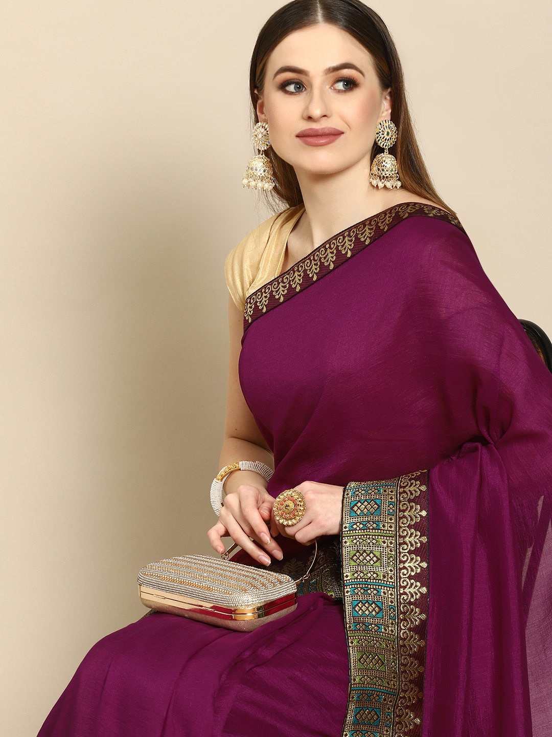 

Anouk Burgundy Cotton Blend Saree With Woven Design Border